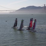 AC 45 fleet racing with the Golden Gate Bridge in the background (helicopter)